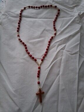 Red Beaded Rosary Necklace with Wooden Cross - Unbranded